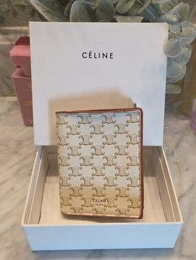 EUC Celine Triomphe Canvas & Leather Wallet Card Holder in Beige and Brown Trim